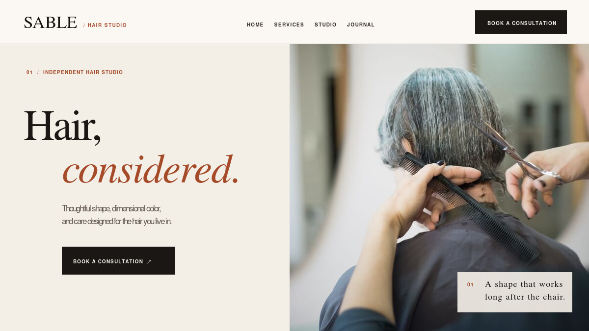 Sable Hair Studio website template homepage preview