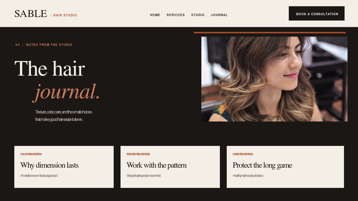 Sable Hair Studio website template journal page preview