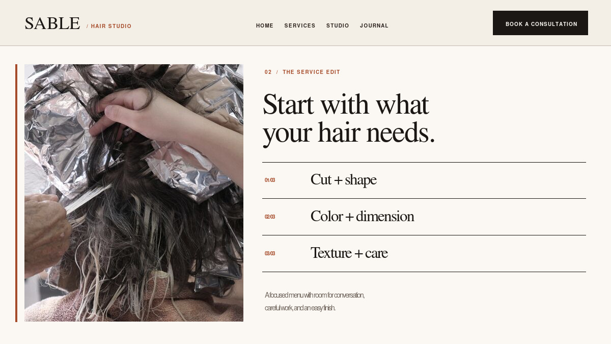 Sable Hair Studio website template services page preview